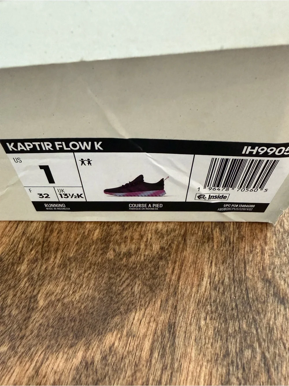 Adidas Kaptir Flow K running shoes in black purple diagonal stripes US 1 NWT